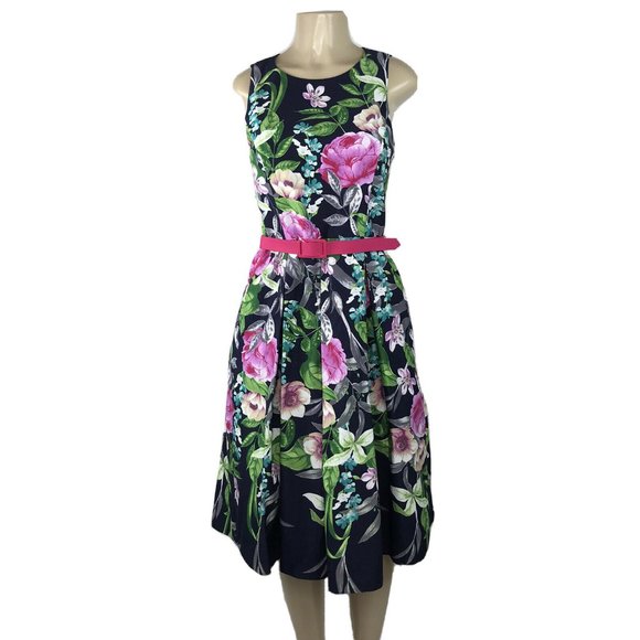 Eliza J Dresses & Skirts - Eliza J Dress Fit & Flare Belt Floral Navy Faille